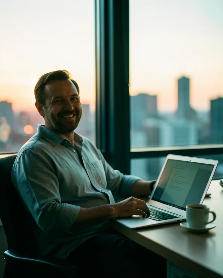 Illustrative image: a business owner working calmly at a tidy desk